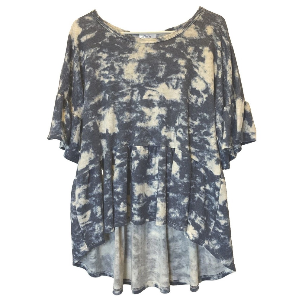 Bluivy Blue White Tie Dye Babydoll Top Sz M Flowy Boho Peplum Blouse T